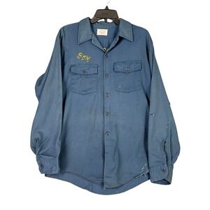 Dickies Work Shirt Mens L Long Blue Chainstitch Meyer‎ Rigging USA Made Vintage